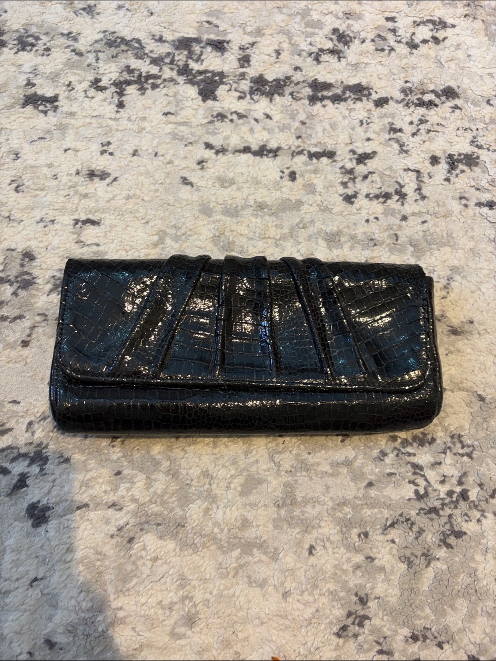 Lauren Merkin Black Croc-Embossed Fold-Over Clutch